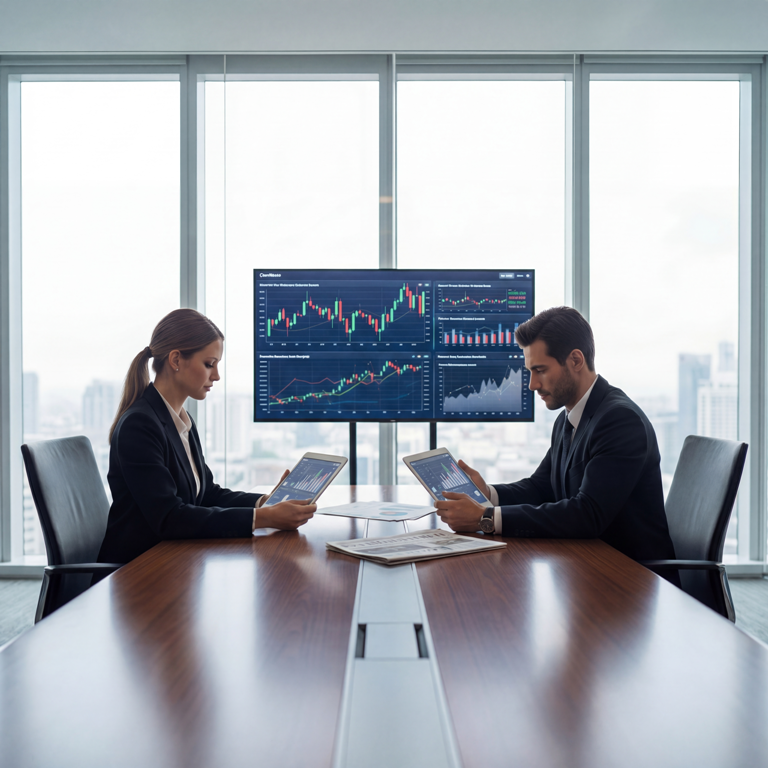 Finance professionals analyzing AI-powered financial dashboards with market trends, forecasting charts, and trading analytics in executive boardroom