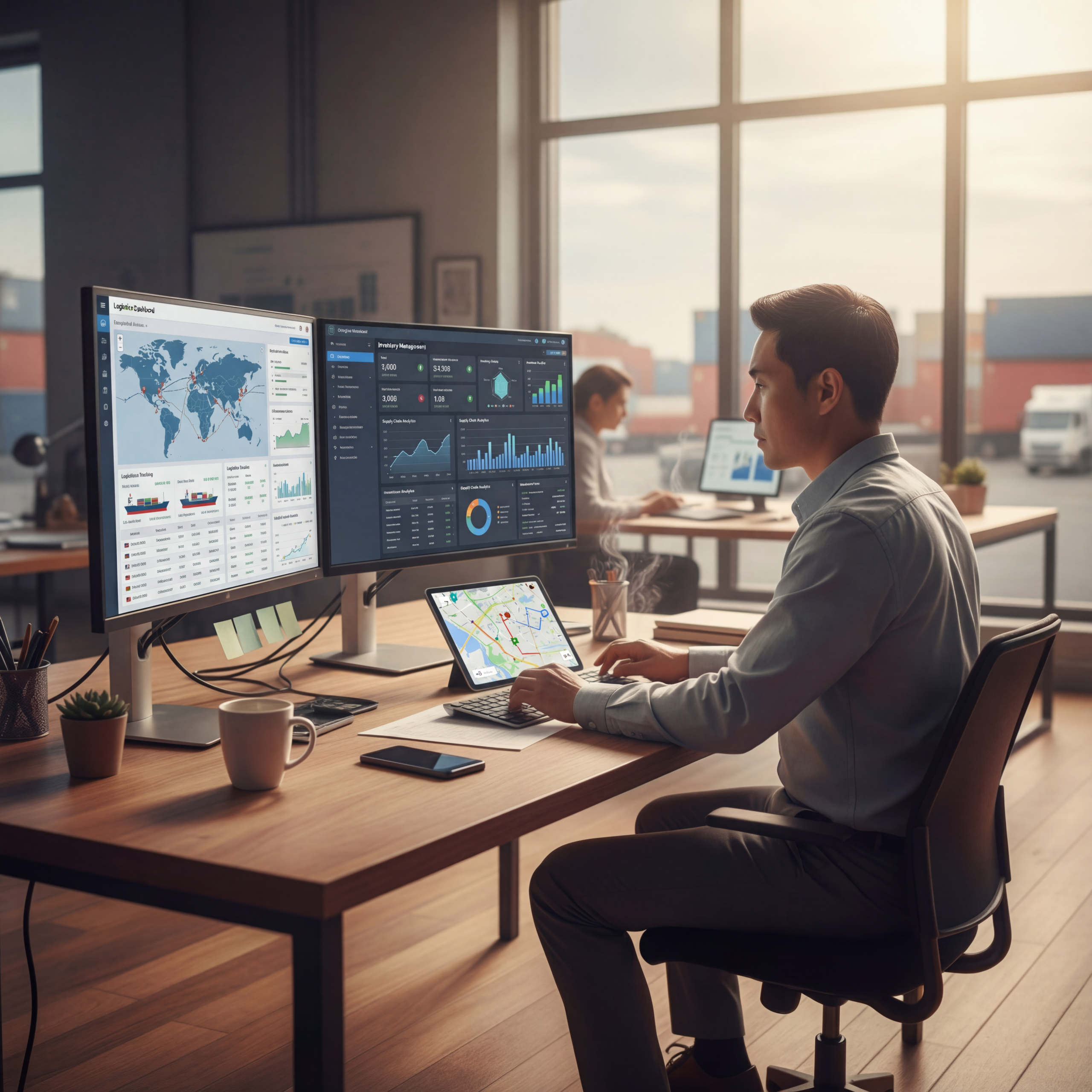 Supply chain professional analyzing logistics dashboards with global shipping routes and inventory management data on dual monitors