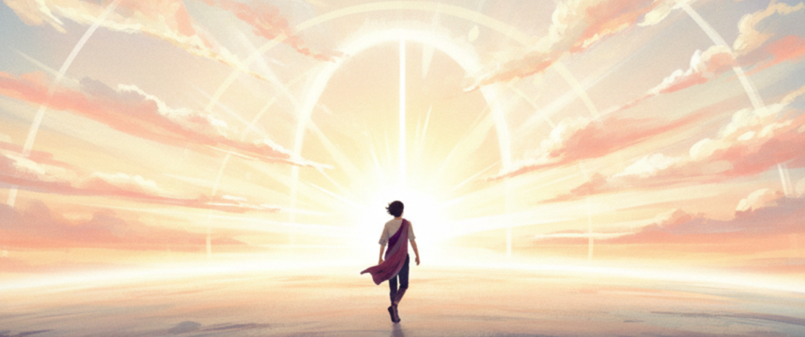 Person walking toward bright horizon symbolizing humanity's journey into the AI-powered future