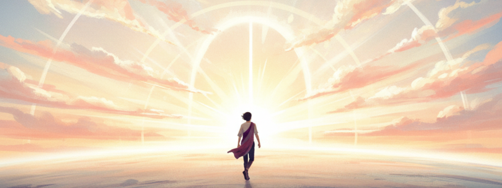 Person walking toward bright horizon symbolizing humanity's journey into the AI-powered future