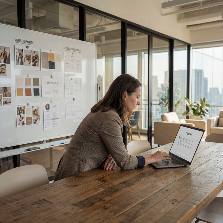 Marketing professional using ChatGPT on laptop for AI-powered content creation with brand design board in modern office