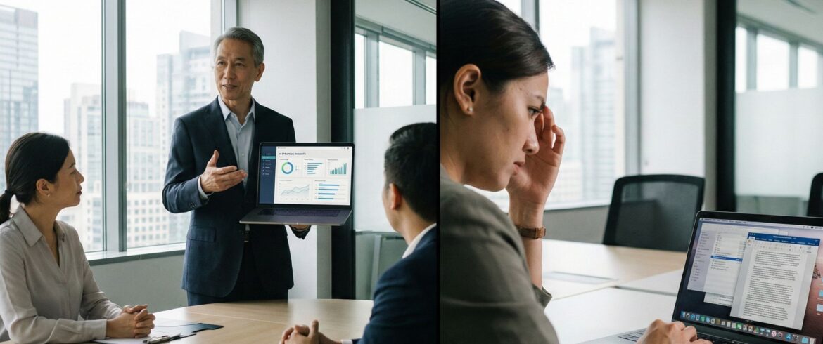 AI capability gap in workplace - leader presenting AI insights while colleague struggles with output