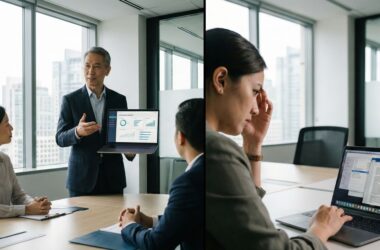 AI capability gap in workplace - leader presenting AI insights while colleague struggles with output