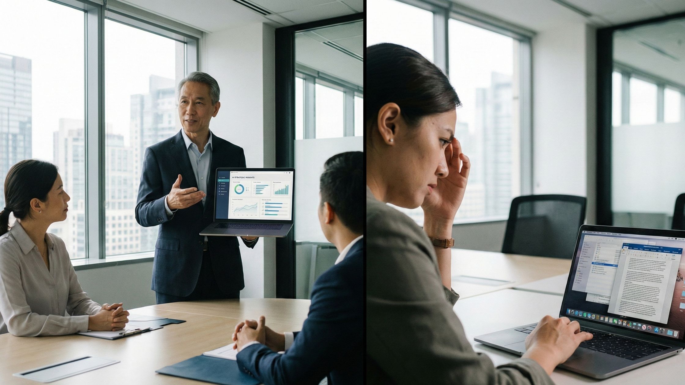 AI capability gap in workplace - leader presenting AI insights while colleague struggles with output