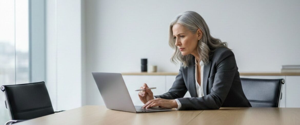 Senior HR leader reviewing AI-driven workforce decisions on a laptop