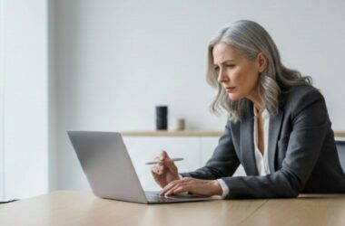 Senior HR leader reviewing AI-driven workforce decisions on a laptop